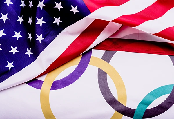 United States of America Flag over Olympic Games flag